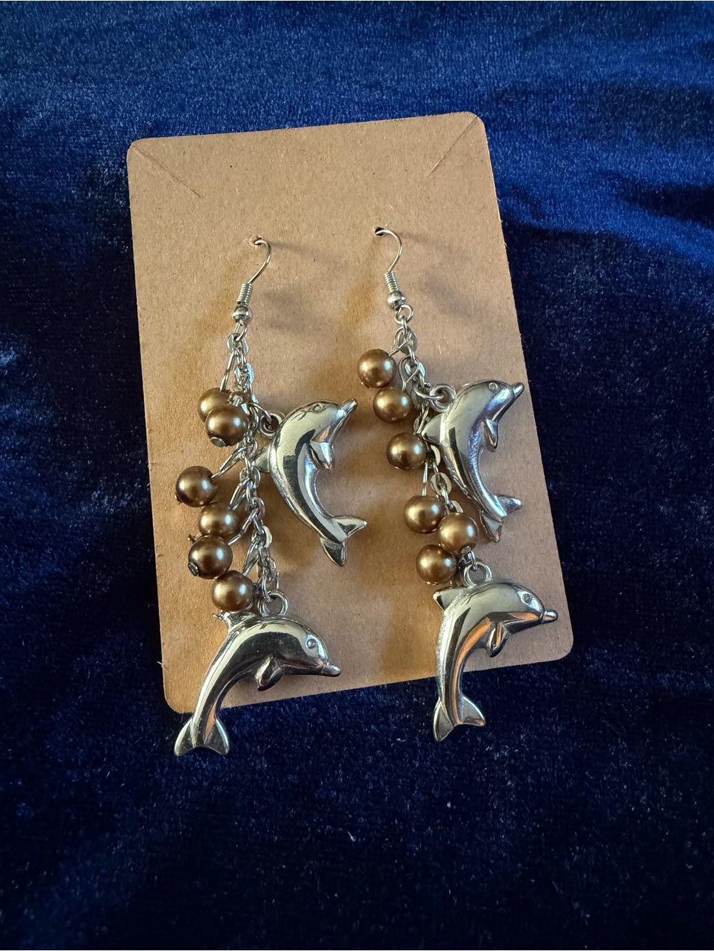 Silver tone Dolphin and Beads Dangle Earrings